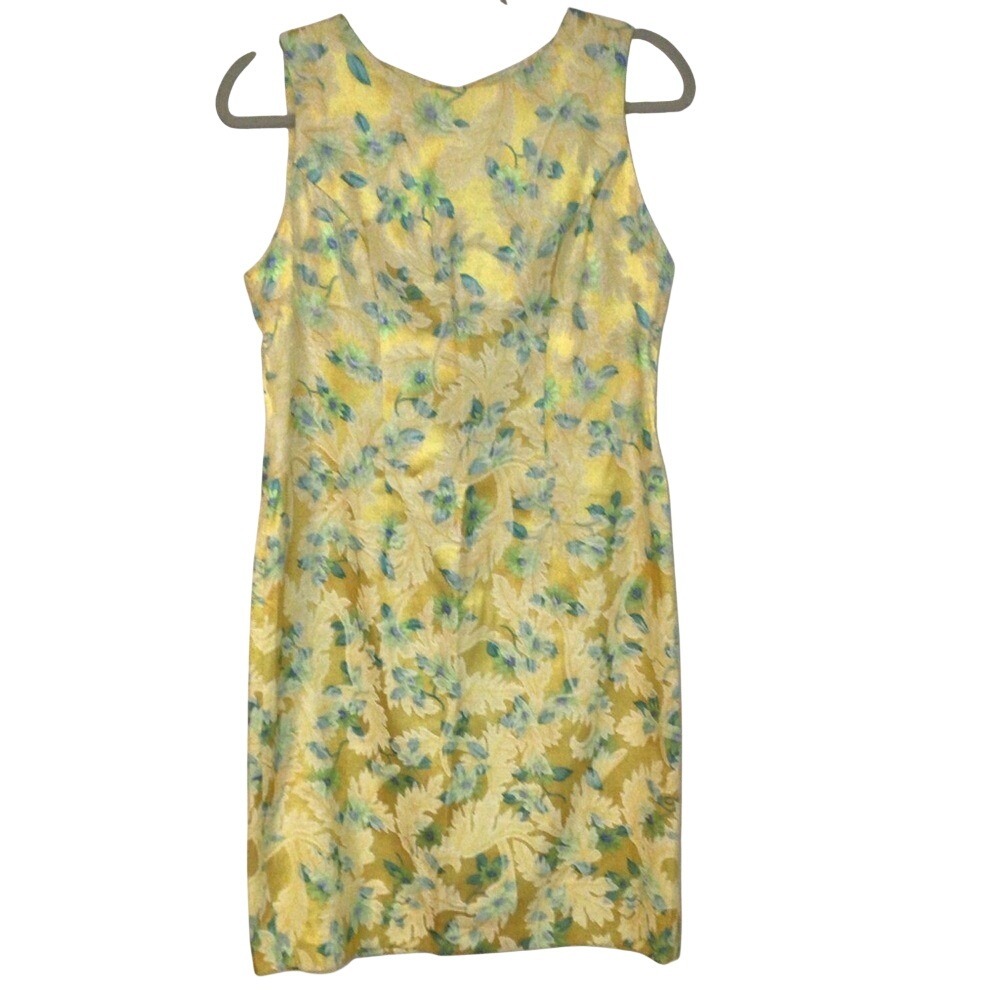 Vintage Yellow Blue Floral Brocade Sheath Dress Sleeveless Jacquard Cocktail